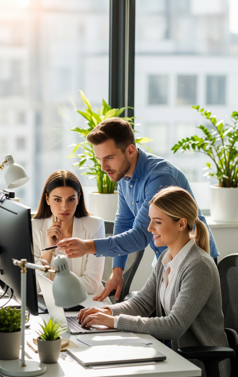 hombre y dos mujeres trabajando en oficina